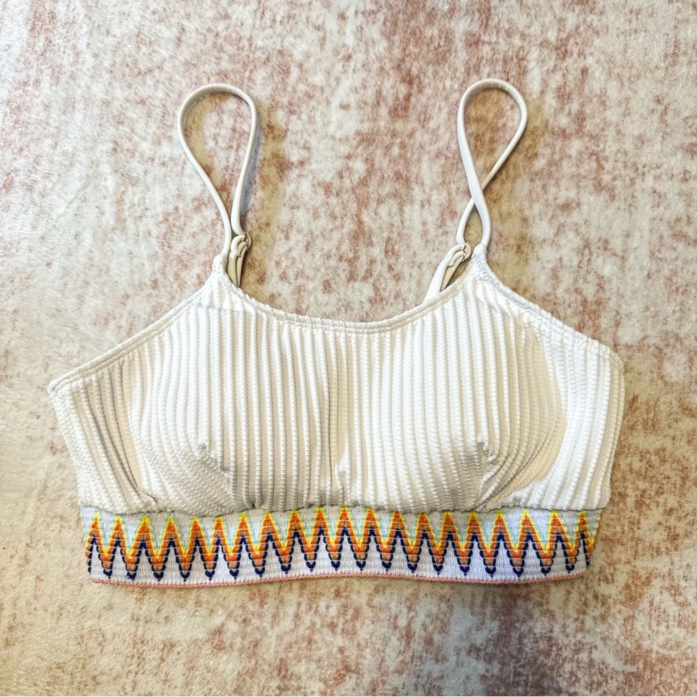 Textured Ribbed Bikini Set White Colorful Zigzag Trim High Waisted Size L - Picture 2 of 8